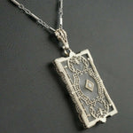 1920's Art Deco, Solid 14K Gold & Diamond, Frosted Crystal Pendant, Necklace