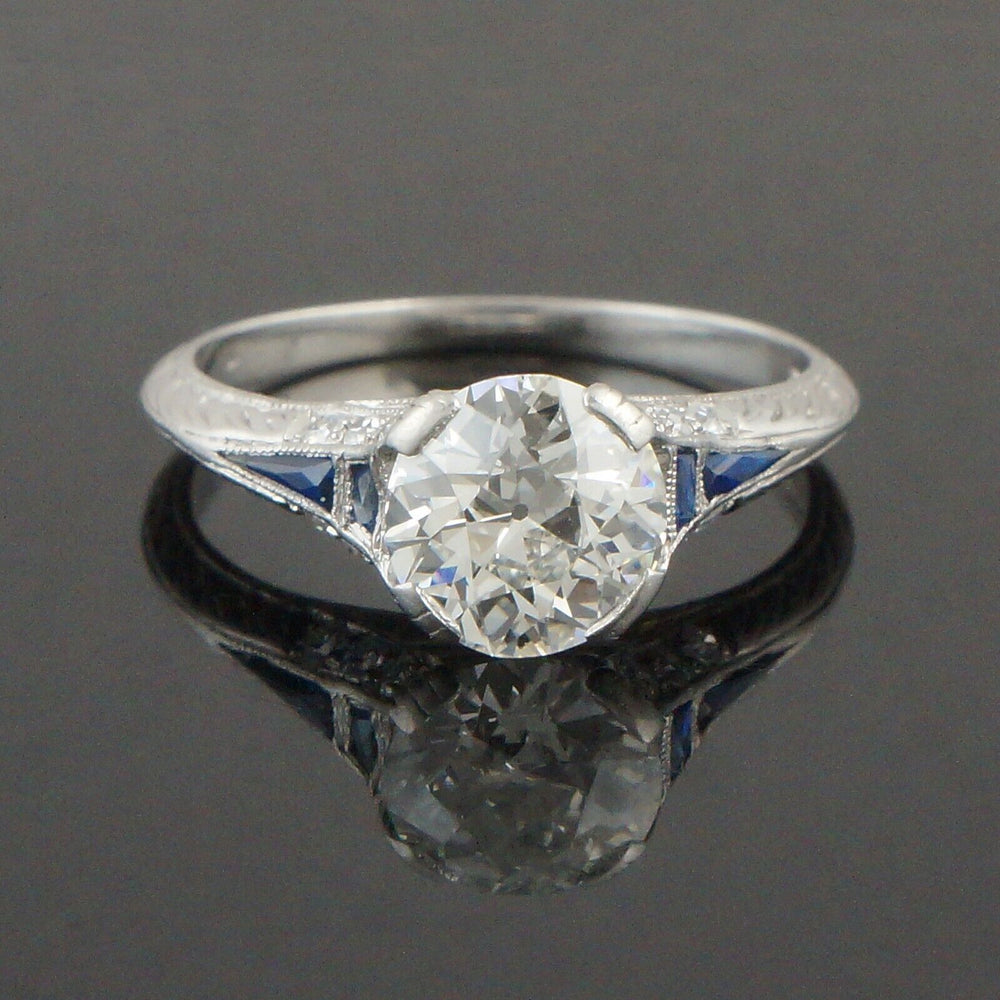 1920s Art Deco Platinum 1.50 CTW OEC Center Diamond & Sapphire Engagement Ring