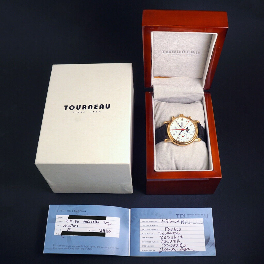 Tourneau 18K Yellow Gold Automatic Triple Date Moon Phase Chronograph