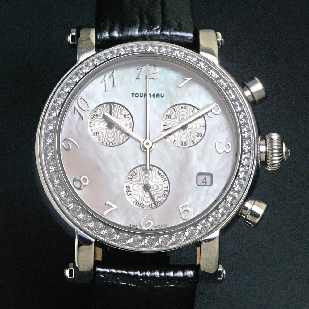 Tourneau Swarovski Crystal Mother of Pearl Stainless Steel Chronograph Watch NEW, Olde Towne Jewelers, Santa Rosa CA.