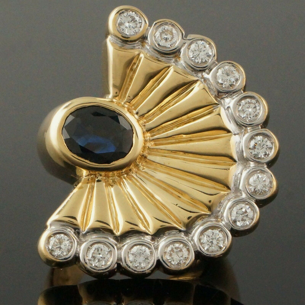 Modernist Solid 18K Gold, 2.0 Ct Sapphire & 1.3 Ctw Diamond Peacock Fan Ring 21g