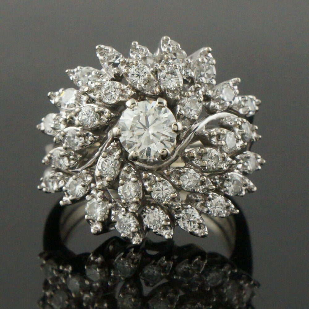 Solid 14K White Gold 1.71 CTW Diamond Cluster Burst Wedding Engagement Ring Set