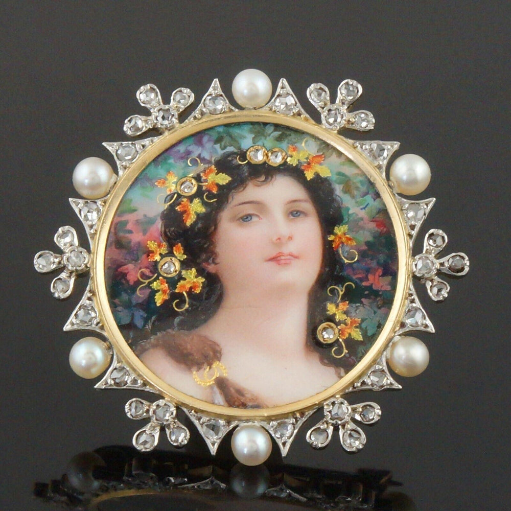 Rare Antique Limoges Solid 18K Gold Diamond Pearl Polychrome Enamel Pin, Brooch