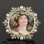 Rare Antique Limoges Solid 18K Gold Diamond Pearl Polychrome Enamel Pin, Brooch