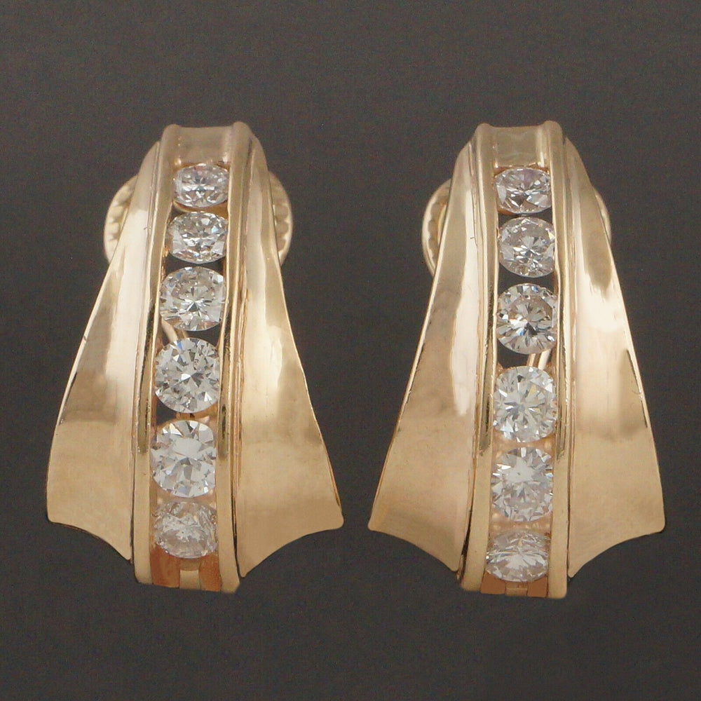 Modernist Solid 14K Yellow Gold 2.40 CTW Channel Diamond Huggie J Hoop Earrings