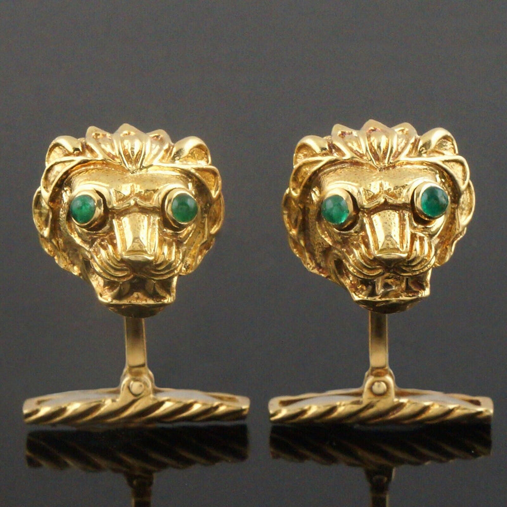 David Webb Solid 18K Gold, Detailed Emerald Eyed Lion Head Toggle Cufflinks, Olde Towne Jewelers, Santa Rosa CA.