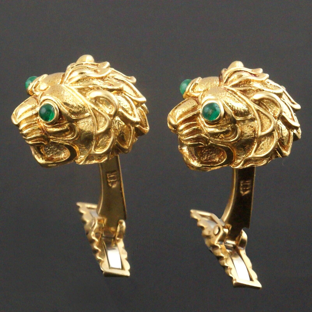 David Webb Solid 18K Gold, Detailed Emerald Eyed Lion Head Toggle Cufflinks, Olde Towne Jewelers, Santa Rosa CA.