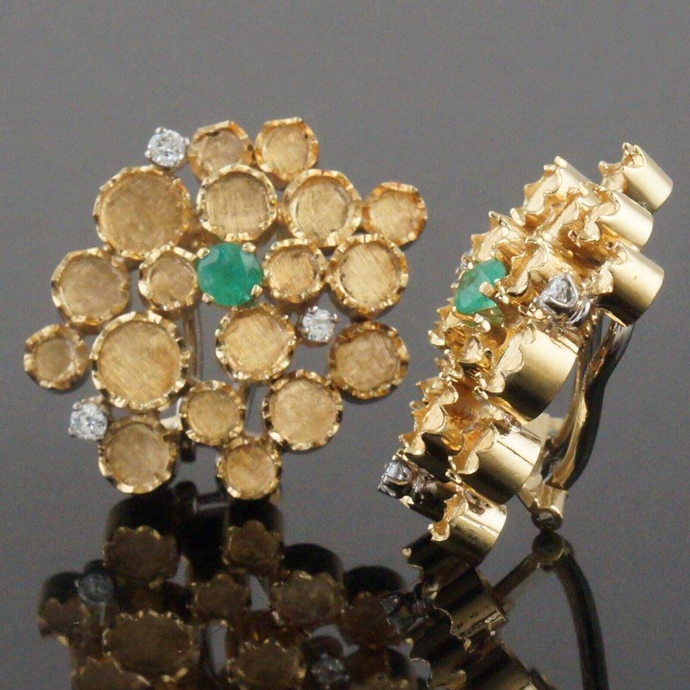Modernist Solid 18K Gold .58 CTW Emerald .36 CTW Diamond Circle Mosaic Earrings, Olde Towne Jewelers, Santa Rosa CA.
