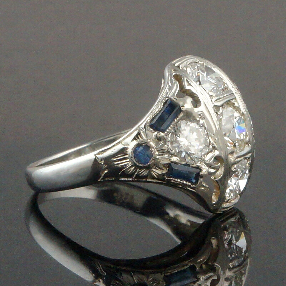 1920s Art Deco 18K Gold Filigree 1.50Ct OMC Diamond & Blue Sapphire Dome Ring