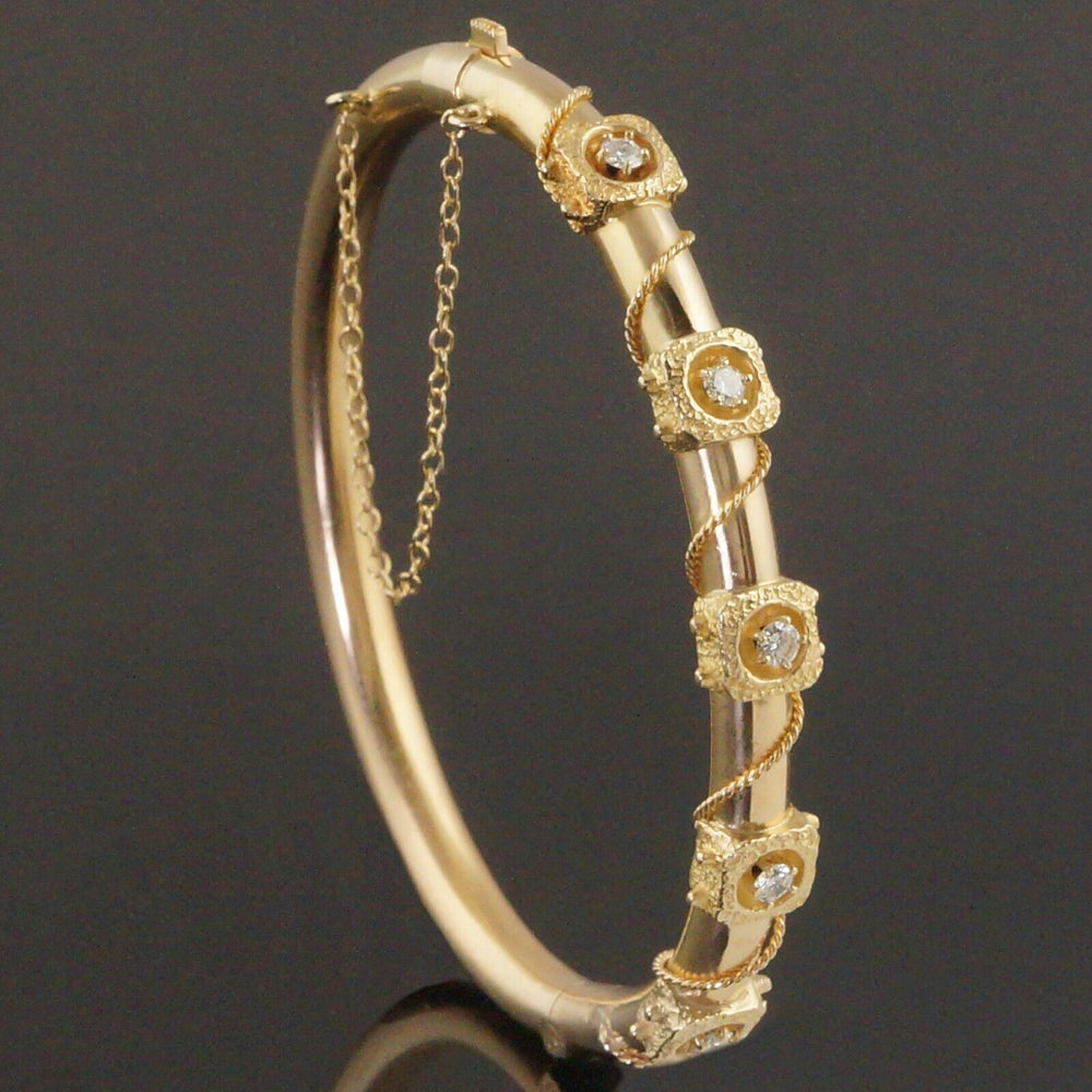 Etruscan Solid 14K Gold Twisted Rope & .40 CTW Diamond Hinged Bangle Bracelet
