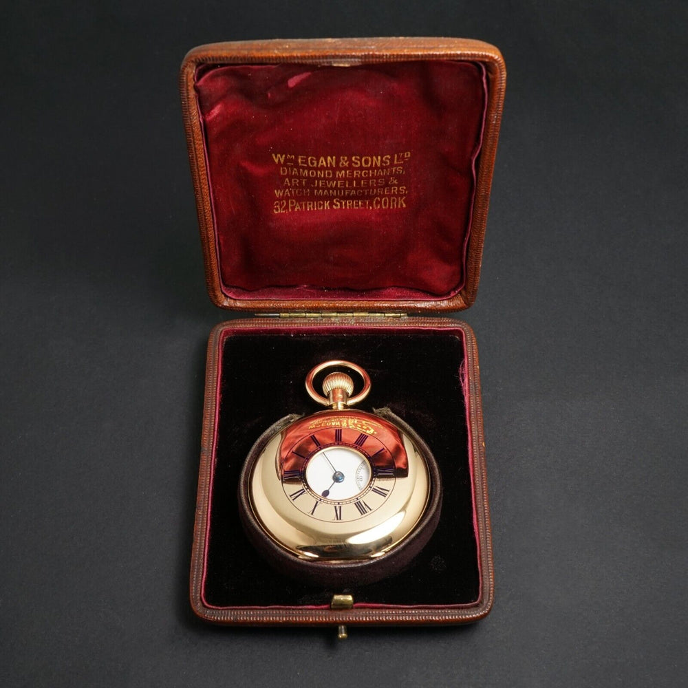 Stunning Antique 1890s 18K Gold & Blue Enamel Demi Hunter Pocket Watch, Orig Box