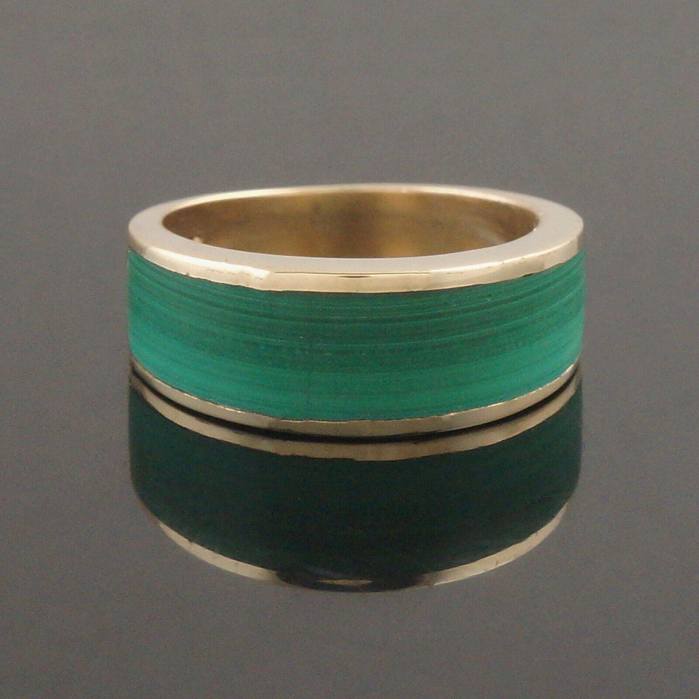 Modern Solid 14K Yellow Gold & Malachite Inlay Tapered Cigar Band, Estate Ring, Olde Towne Jewelers, Santa Rosa CA.