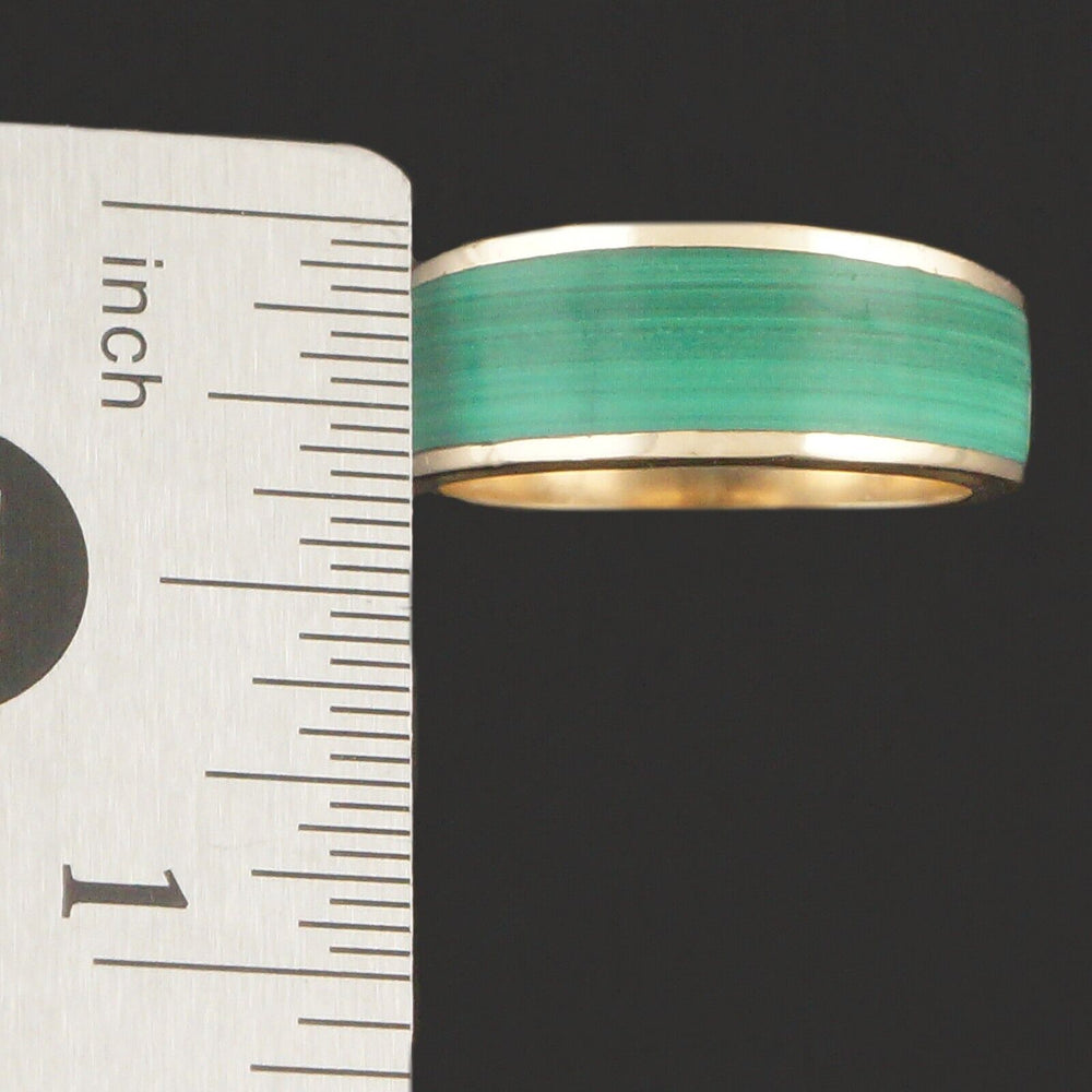 Modern Solid 14K Yellow Gold & Malachite Inlay Tapered Cigar Band, Estate Ring, Olde Towne Jewelers, Santa Rosa CA.