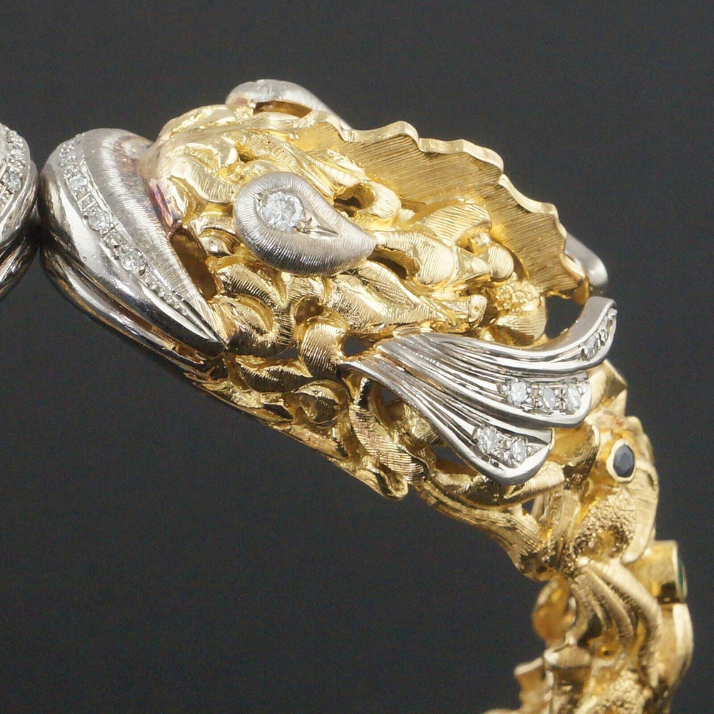 Lalaounis 18K Gold Diamond, Emerald, Sapphire Neoclassical Dolphin Head Bracelet, Olde Towne Jewelers, Santa Rosa CA.