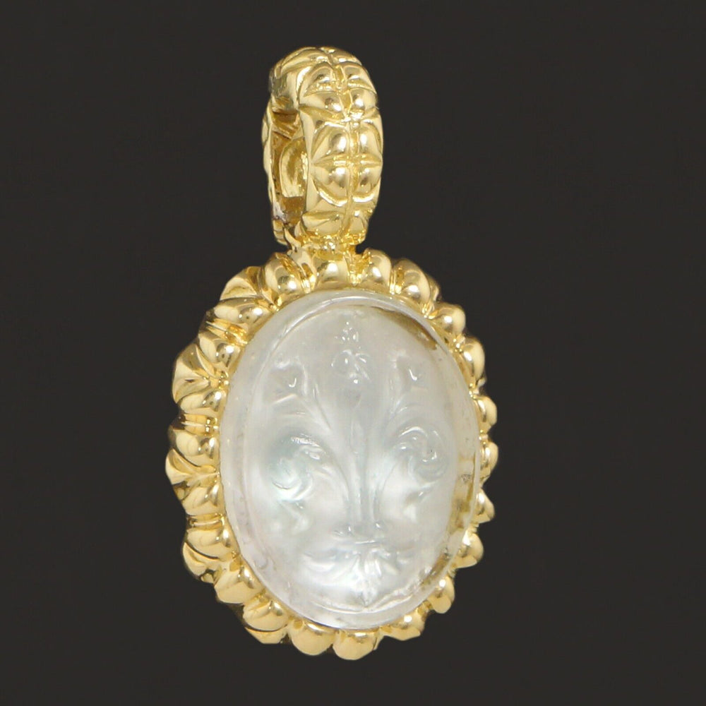 Solid 18K Gold Mother Of Pearl & Quartz Crystal Doublet Fleur De Lis Pendant