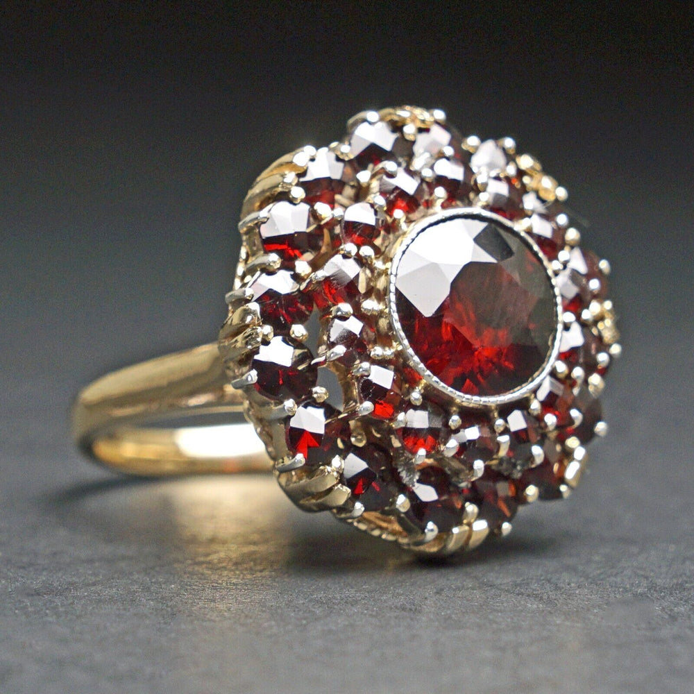 Etruscan Revival Solid 14K Yellow Gold, Garnet Halo Burst Estate Cocktail Ring, Olde Towne Jewelers, Santa Rosa CA.