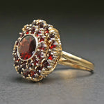 Etruscan Revival Solid 14K Yellow Gold, Garnet Halo Burst Estate Cocktail Ring, Olde Towne Jewelers, Santa Rosa CA.