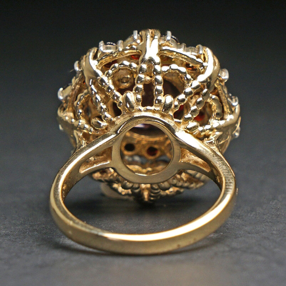 Etruscan Revival Solid 14K Yellow Gold, Garnet Halo Burst Estate Cocktail Ring, Olde Towne Jewelers, Santa Rosa CA.