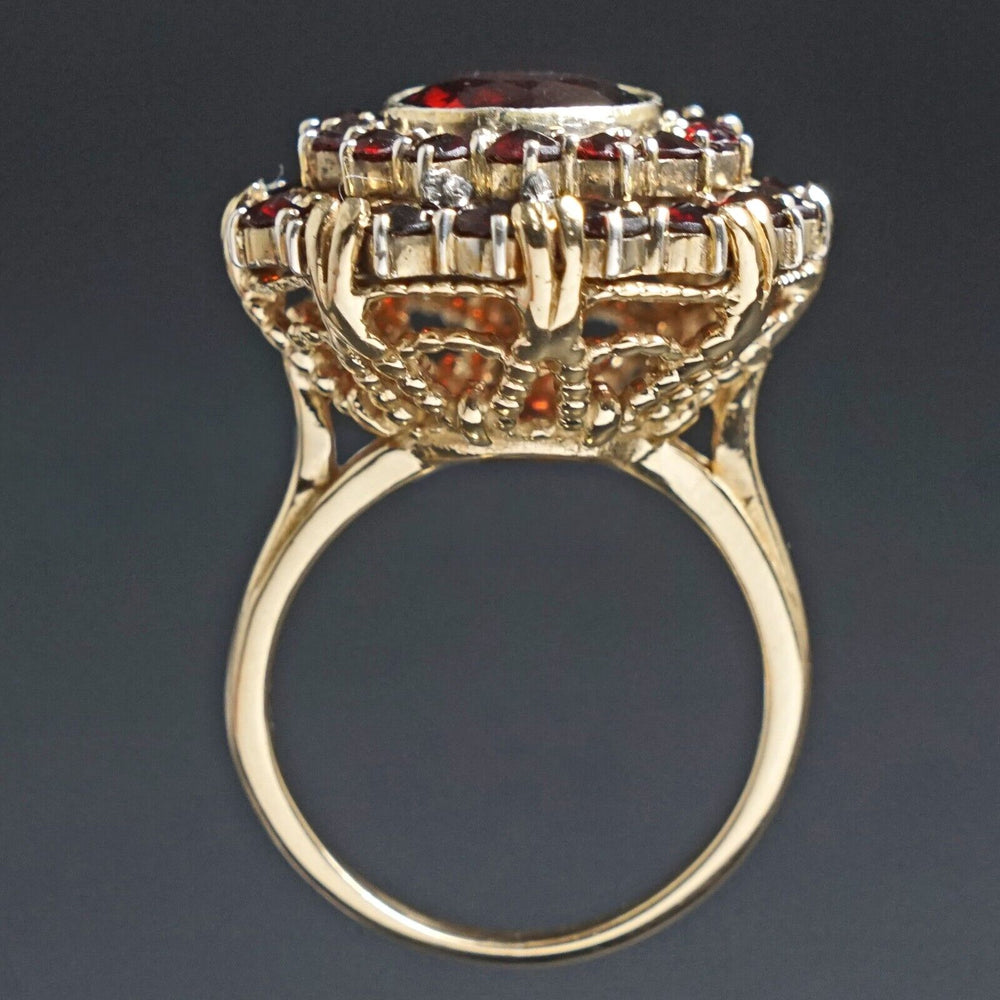 Etruscan Revival Solid 14K Yellow Gold, Garnet Halo Burst Estate Cocktail Ring, Olde Towne Jewelers, Santa Rosa CA.