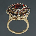 Etruscan Revival Solid 14K Yellow Gold, Garnet Halo Burst Estate Cocktail Ring, Olde Towne Jewelers, Santa Rosa CA.