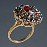 Etruscan Revival Solid 14K Yellow Gold, Garnet Halo Burst Estate Cocktail Ring, Olde Towne Jewelers, Santa Rosa CA.