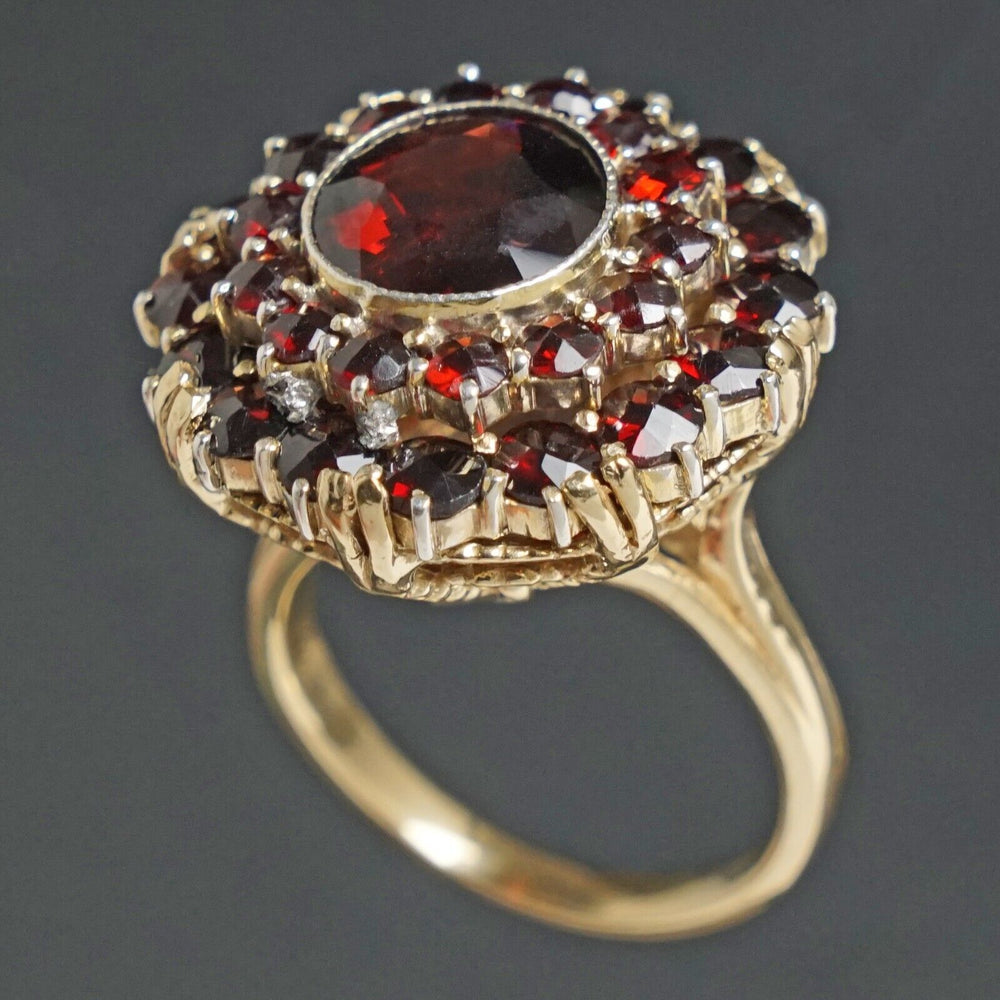 Etruscan Revival Solid 14K Yellow Gold, Garnet Halo Burst Estate Cocktail Ring, Olde Towne Jewelers, Santa Rosa CA.