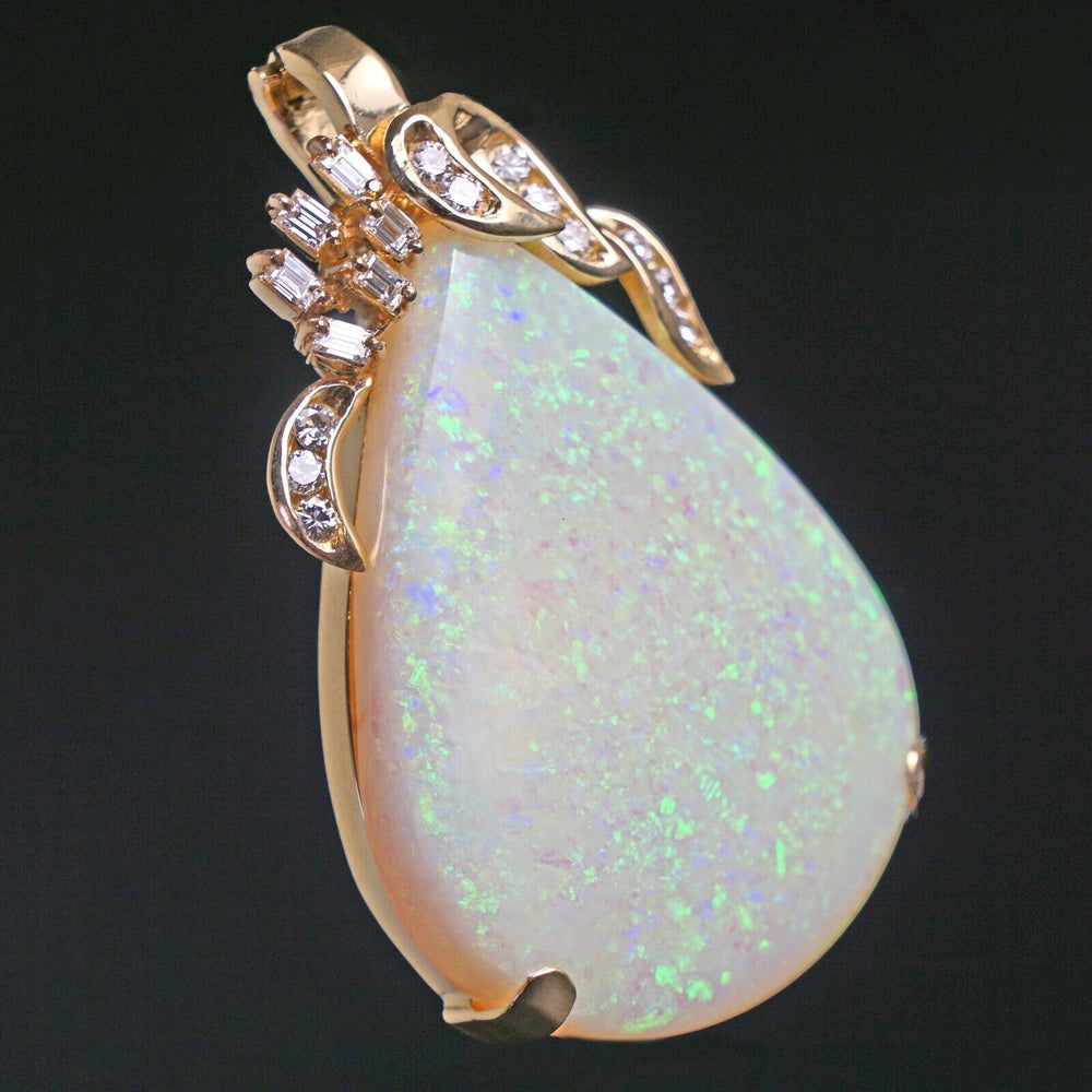 Huge Solid 18K Yellow Gold, Opal Cabochon & .30 CTW Diamond Enhancer Pendant