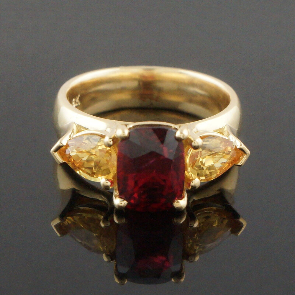 Solid 18K Yellow Gold, Oval Red Spinel & Pear Shape Yellow Sapphire Estate Ring