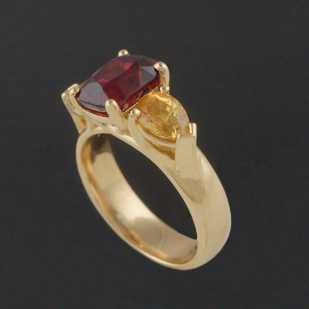 Solid 18K Yellow Gold, Oval Red Spinel & Pear Shape Yellow Sapphire Estate Ring, Olde Towne Jewelers, Santa Rosa CA.
