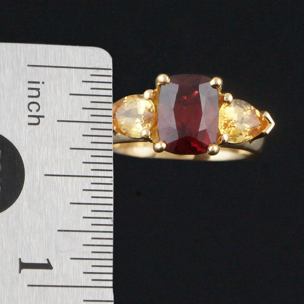 Solid 18K Yellow Gold, Oval Red Spinel & Pear Shape Yellow Sapphire Estate Ring, Olde Towne Jewelers, Santa Rosa CA.