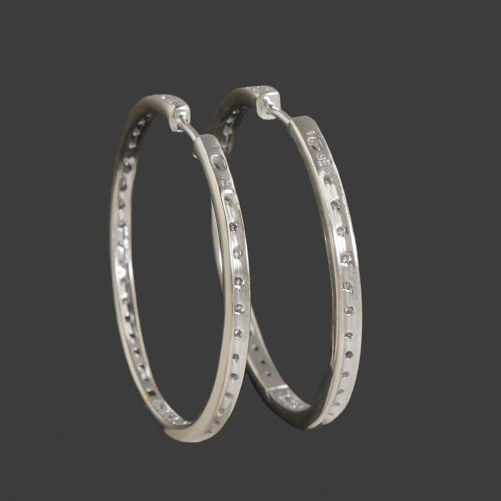 Solid 14K White Gold & Diamond Inside Out 1-3/8" Hinged Hoop Estate Earrings, Olde Towne Jewelers, Santa Rosa CA.