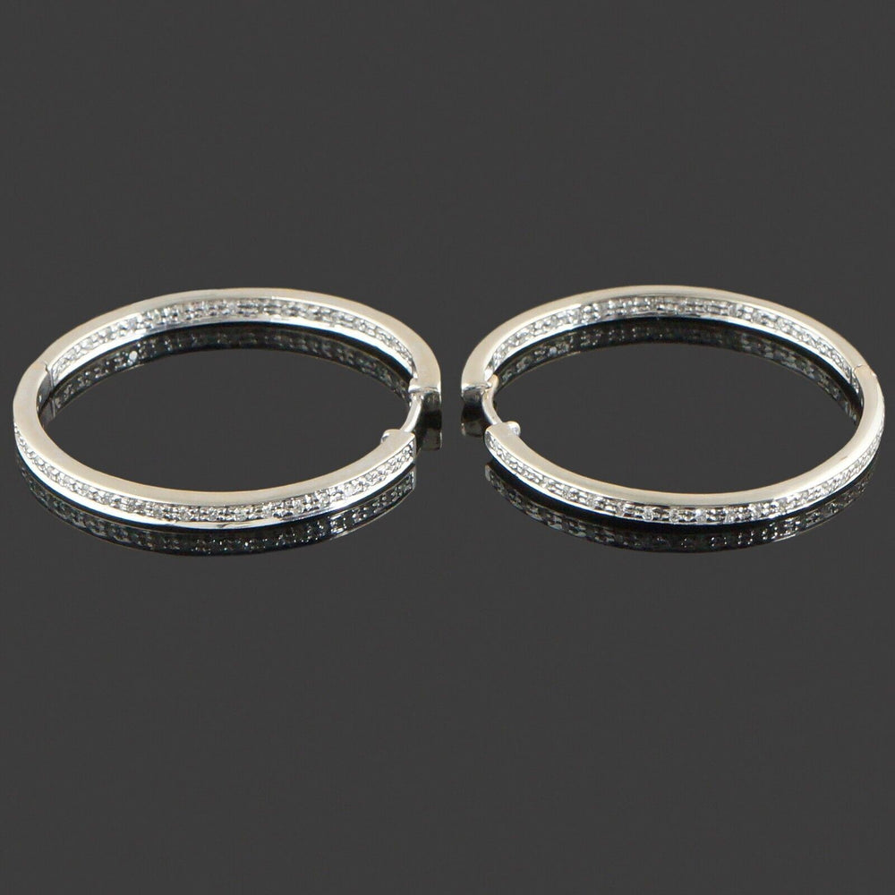 Solid 14K White Gold & Diamond Inside Out 1-3/8" Hinged Hoop Estate Earrings, Olde Towne Jewelers, Santa Rosa CA.