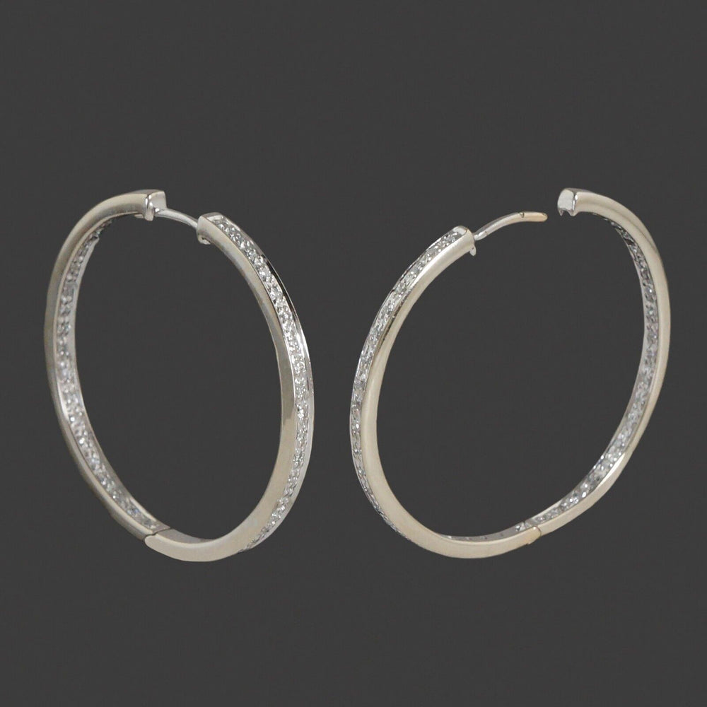 Solid 14K White Gold & Diamond Inside Out 1-3/8" Hinged Hoop Estate Earrings, Olde Towne Jewelers, Santa Rosa CA.