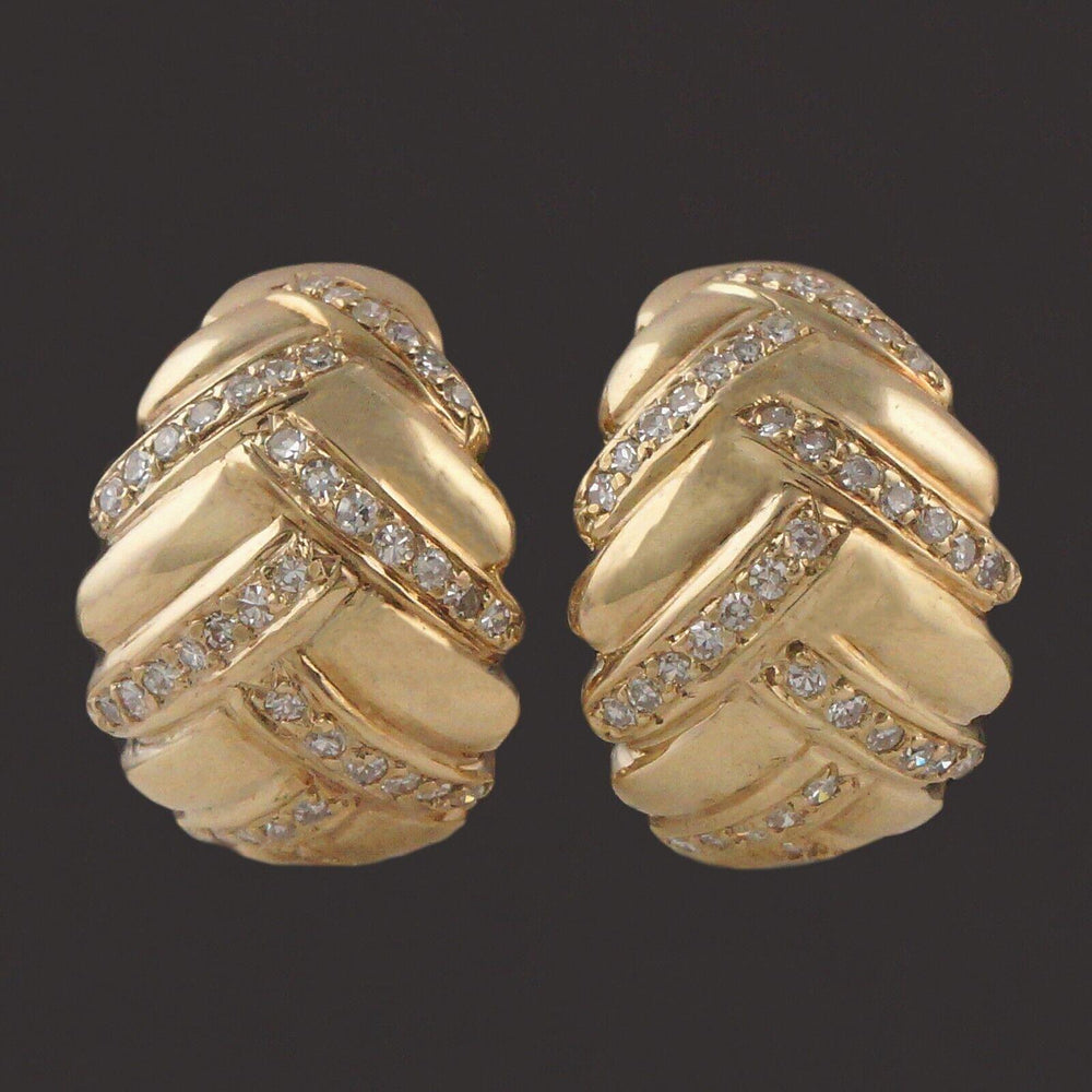 Retro Modern Solid 14K Yellow Gold & Diamond Weave Overlap Huggie Earrings