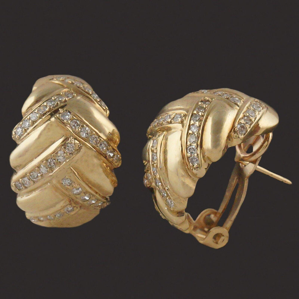 Retro Modern Solid 14K Yellow Gold & Diamond Weave Overlap Huggie Earrings, Olde Towne Jewelers, Santa Rosa CA.