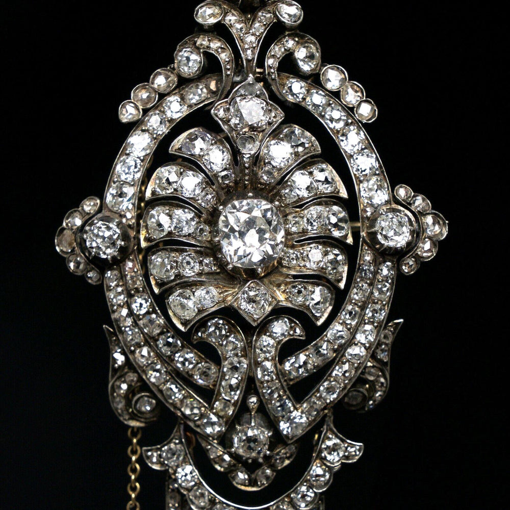 Art Deco 14K Gold Silver Filigree, CTW OMC Diamond Pin