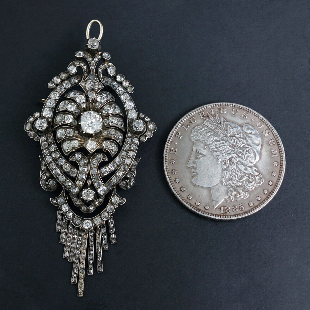 Art Deco 14K Gold & Silver Filigree, 8.00 CTW OMC Diamond Pin Brooch, Pendant, Olde Towne Jewelers, Santa Rosa CA.