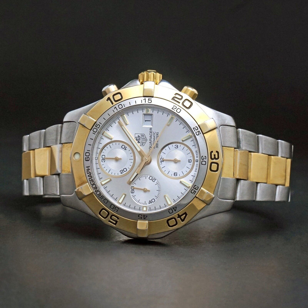 Stunning Tag Heuer Aquaracer Automatic Two Tone Man's Chronograph Watch Serviced, Olde Towne Jewelers, Santa Rosa CA.