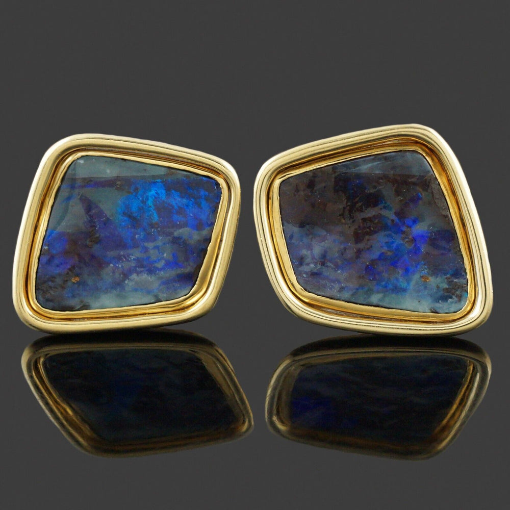 Heavy, Modernist Solid 18K Yellow Gold Framed Boulder Opal Estate Cufflinks