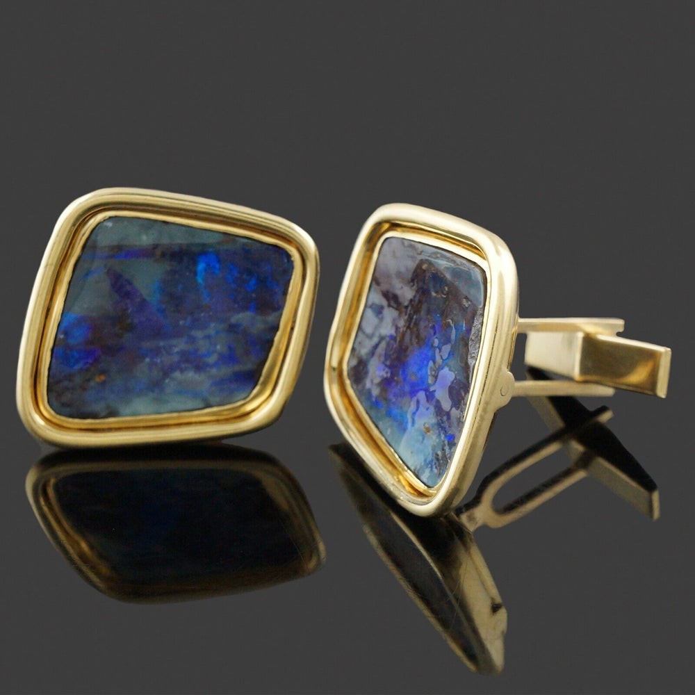 Heavy, Modernist Solid 18K Yellow Gold Framed Boulder Opal Estate Cufflinks, Olde Towne Jewelers, Santa Rosa CA.