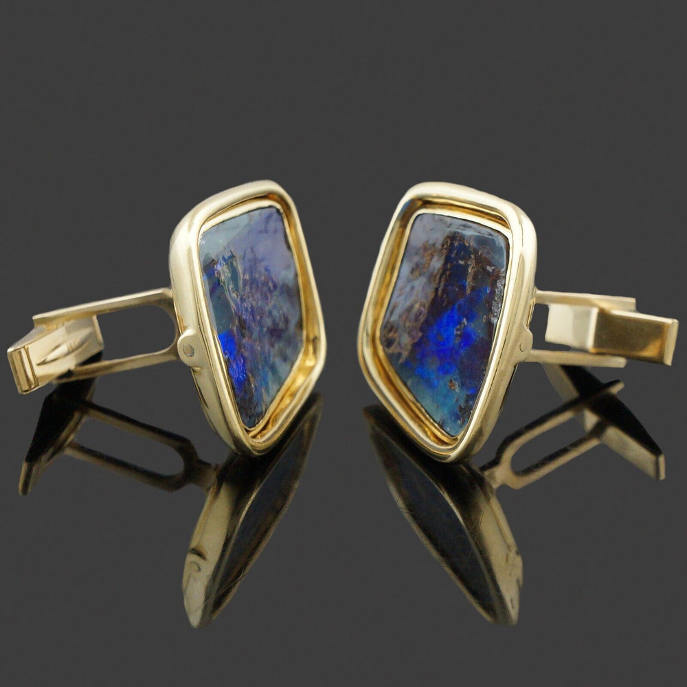 Heavy, Modernist Solid 18K Yellow Gold Framed Boulder Opal Estate Cufflinks, Olde Towne Jewelers, Santa Rosa CA.