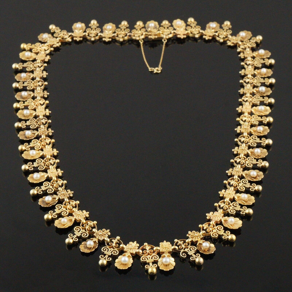 Antique Victorian Etruscan Revival Solid 14K Yellow Gold & Pearl 18" Necklace, Olde Towne Jewelers, Santa Rosa CA.