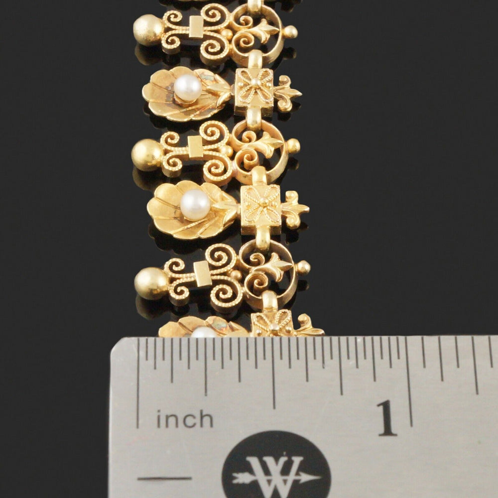 Antique Victorian Etruscan Revival Solid 14K Yellow Gold & Pearl 18" Necklace, Olde Towne Jewelers, Santa Rosa CA.