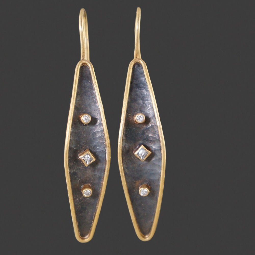 Lika Behar Modern Solid 24K Gold, Sterling & Diamond Leaf Drop Dangle Earrings, Olde Towne Jewelers Santa Rosa CA.