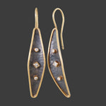 Lika Behar Modern Solid 24K Gold, Sterling & Diamond Leaf Drop Dangle Earrings, Olde Towne Jewelers Santa Rosa CA.