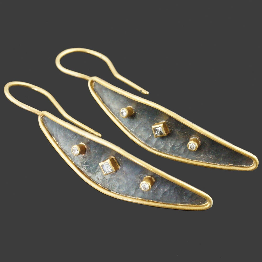 Lika Behar Modern Solid 24K Gold, Sterling & Diamond Leaf Drop Dangle Earrings, Olde Towne Jewelers Santa Rosa CA.