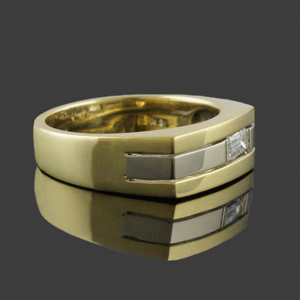 Modernist 2 Tone Solid 18K Gold Baguette Diamond Wedding Band, Anniversary Ring