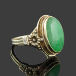 Vintage Solid 14K Yellow Gold Oval Green Jade Cabochon Floral Motif Estate Ring, Olde Towne Jewelers, Santa Rosa CA.
