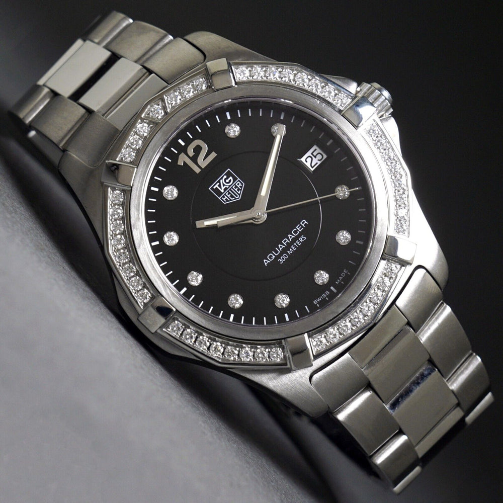 Stunning Tag Heuer WAF111D Aquaracer Steel & Diamond Man's Watch Box & Papers
