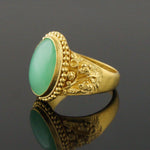 Solid 22K Yellow Gold Oval Green Jade Cabochon Engraved Floral Motif Estate Ring
